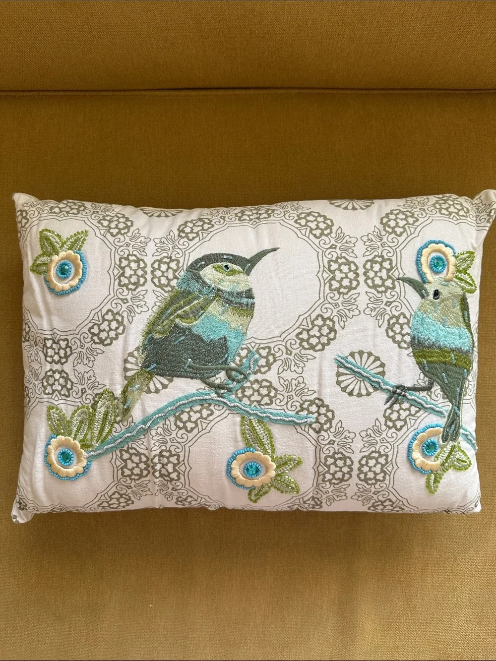Pier 1 Decorative Pillow with Embroidered Blue-Green Birds